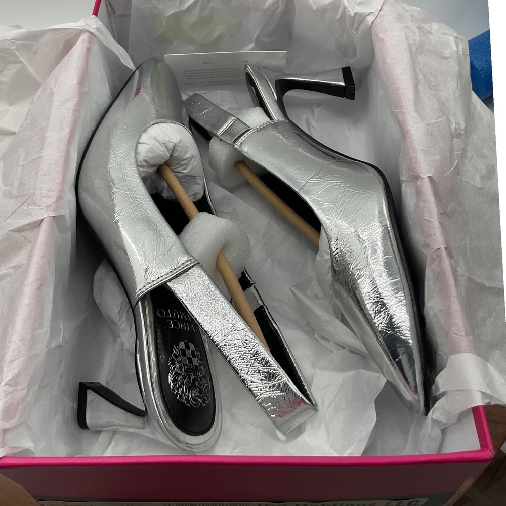 Vince Camuto Silver Metallic Slingback Pumps Square‎ Toe Flared Heel New